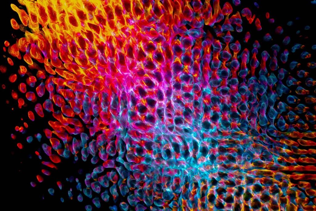 Dynamic abstract design featuring vibrant light patterns in yellow, pink, and blue hues.
