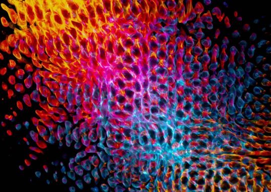 Dynamic abstract design featuring vibrant light patterns in yellow, pink, and blue hues.