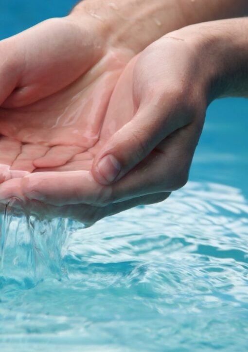 Close-up of hands scooping clear blue water from a reflective pool outdoors.