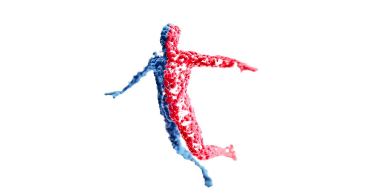 Abstract 3D figure composed of red and blue elements, symbolizing balance and unity.