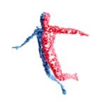 Abstract 3D figure composed of red and blue elements, symbolizing balance and unity.