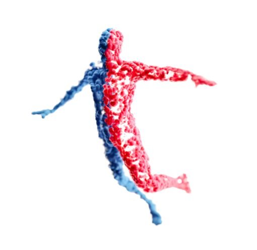 Abstract 3D figure composed of red and blue elements, symbolizing balance and unity.