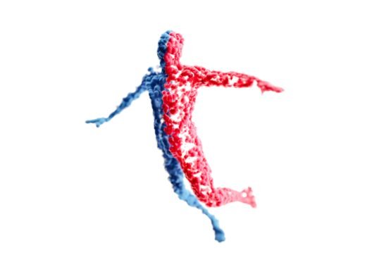 Abstract 3D figure composed of red and blue elements, symbolizing balance and unity.
