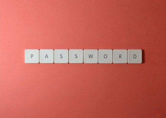 Focus on password security with white keyboard tiles spelling 'PASSWORD' on a coral background.