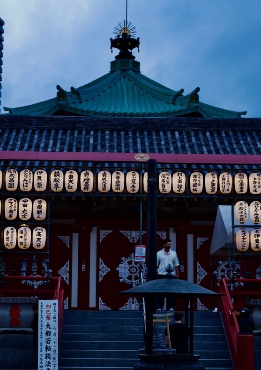 A serene view of a Japanese temple adorned with lanterns during twilight.