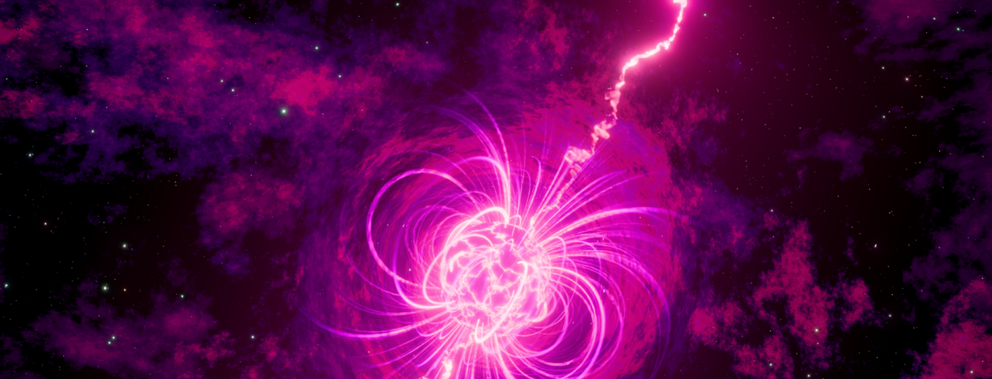 Vivid abstract cosmic energy burst with pink nebula and stars.