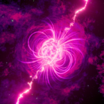 Vivid abstract cosmic energy burst with pink nebula and stars.