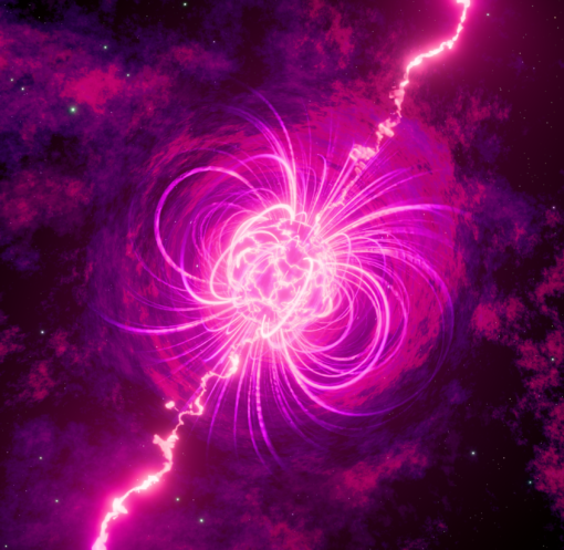 Vivid abstract cosmic energy burst with pink nebula and stars.