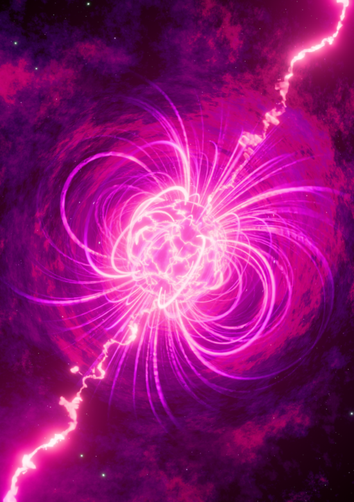 Vivid abstract cosmic energy burst with pink nebula and stars.