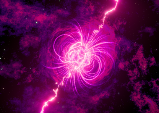 Vivid abstract cosmic energy burst with pink nebula and stars.