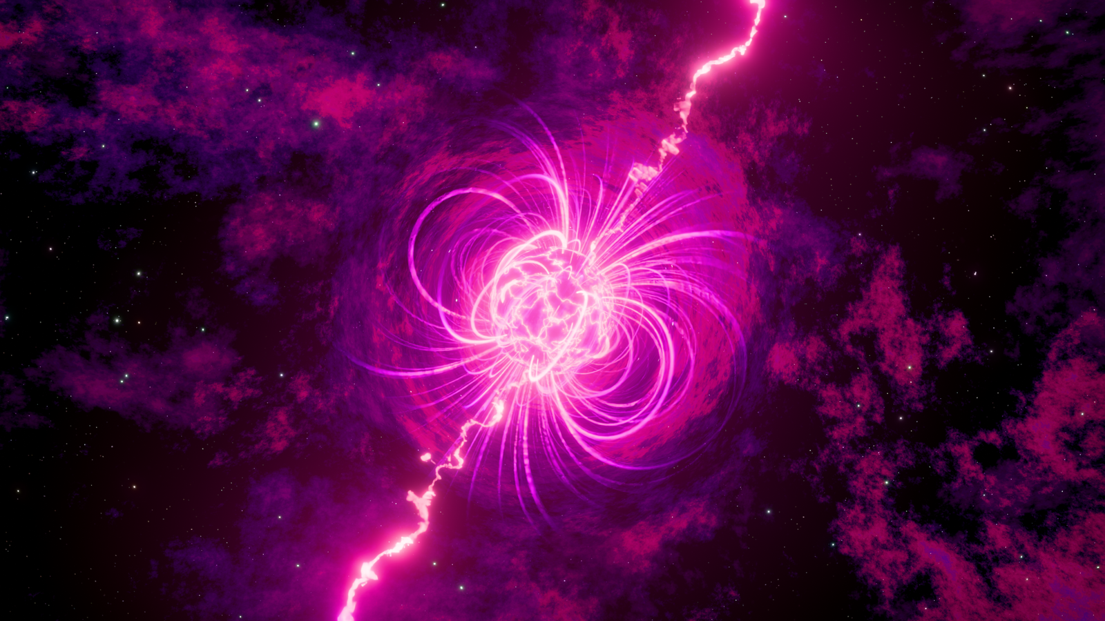 Vivid abstract cosmic energy burst with pink nebula and stars.