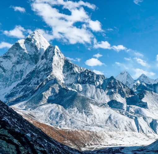A stunning view of a snow-capped mountain peak under a clear blue sky, showcasing nature's beauty.