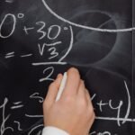 A hand vividly writing complex mathematical equations on a chalkboard.
