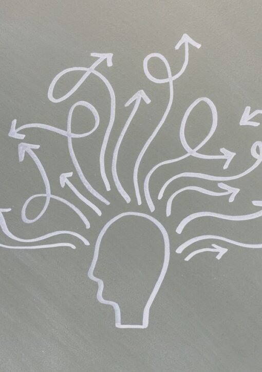 Conceptual chalk drawing illustrating mental health challenges with arrows representing thoughts.