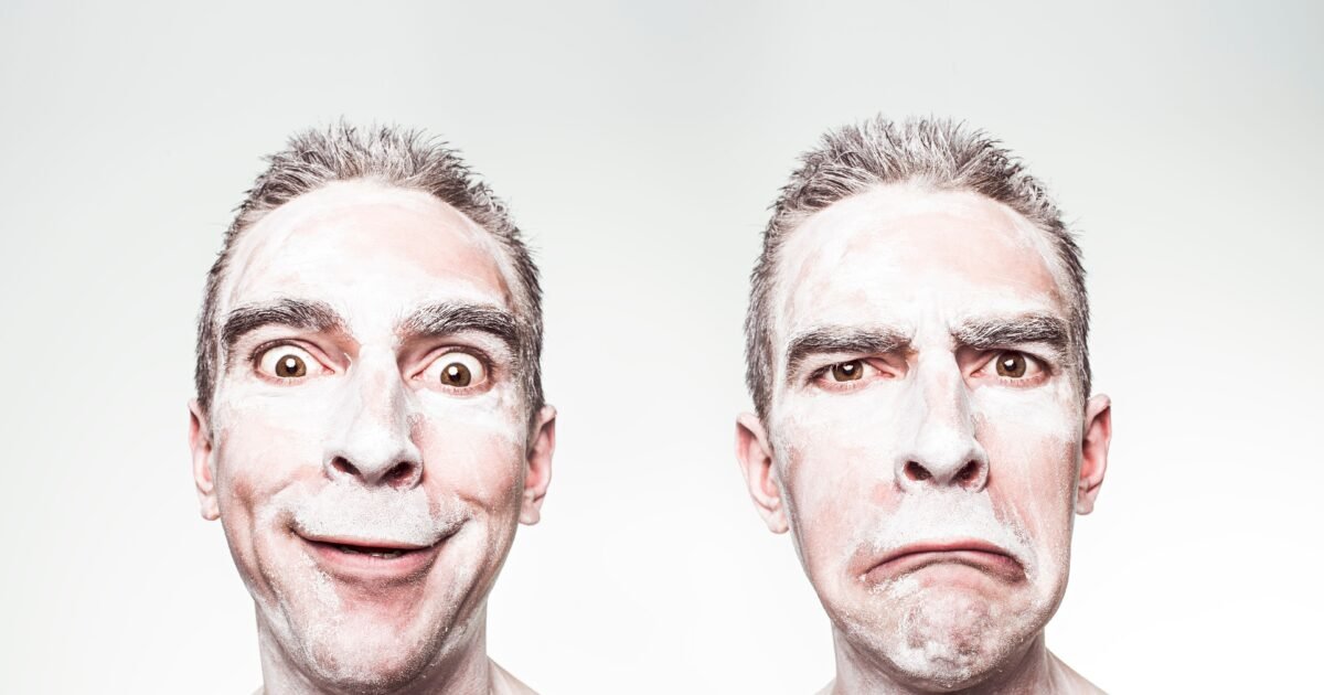 A whimsical portrait showing dual expressions of a man with a painted face.