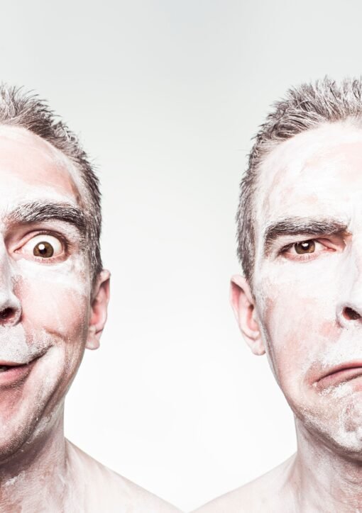 A whimsical portrait showing dual expressions of a man with a painted face.
