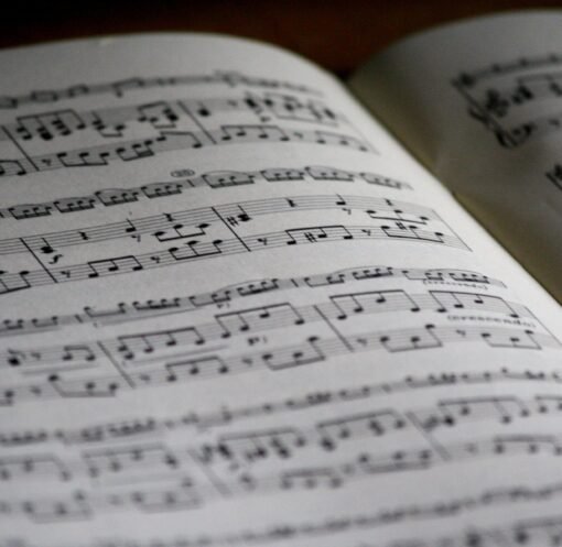 Detailed close-up of a music sheet showing complex musical notes and compositions.