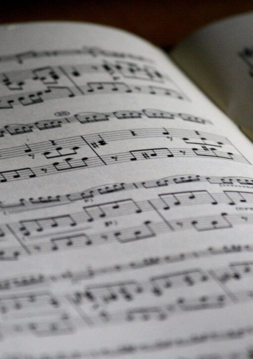 Detailed close-up of a music sheet showing complex musical notes and compositions.