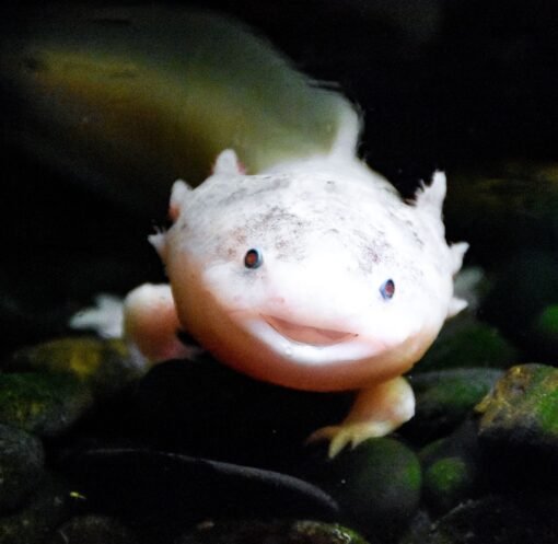 Charming axolotl smiling underwater, showcasing its unique features in a natural setting.