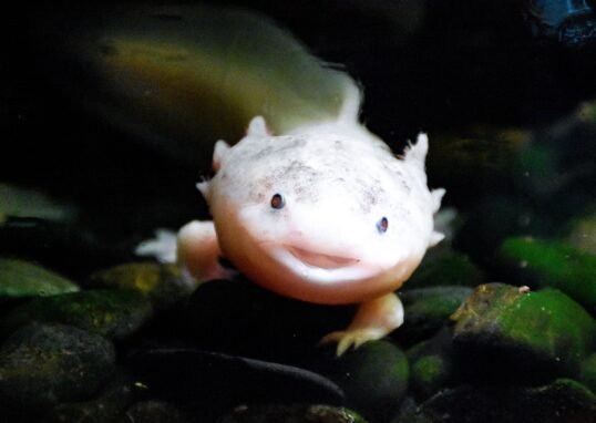 Charming axolotl smiling underwater, showcasing its unique features in a natural setting.