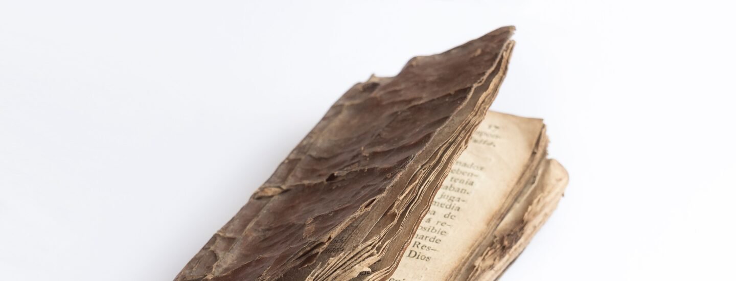 A close-up of an old, weathered book with tattered pages, showcasing its antique charm.