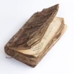 A close-up of an old, weathered book with tattered pages, showcasing its antique charm.