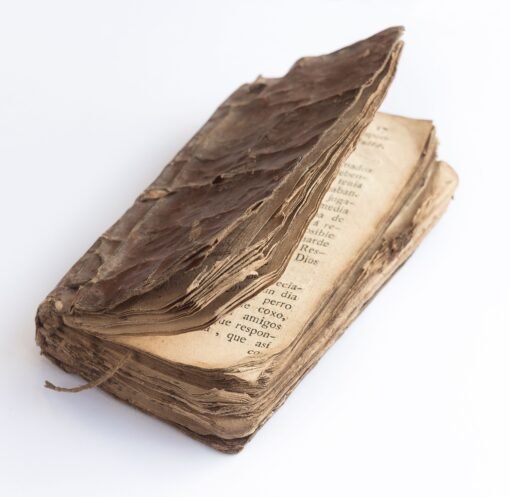A close-up of an old, weathered book with tattered pages, showcasing its antique charm.