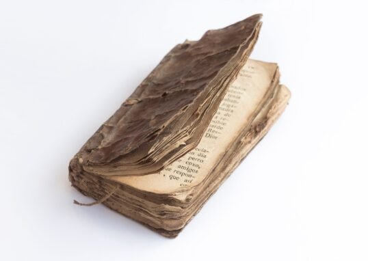 A close-up of an old, weathered book with tattered pages, showcasing its antique charm.