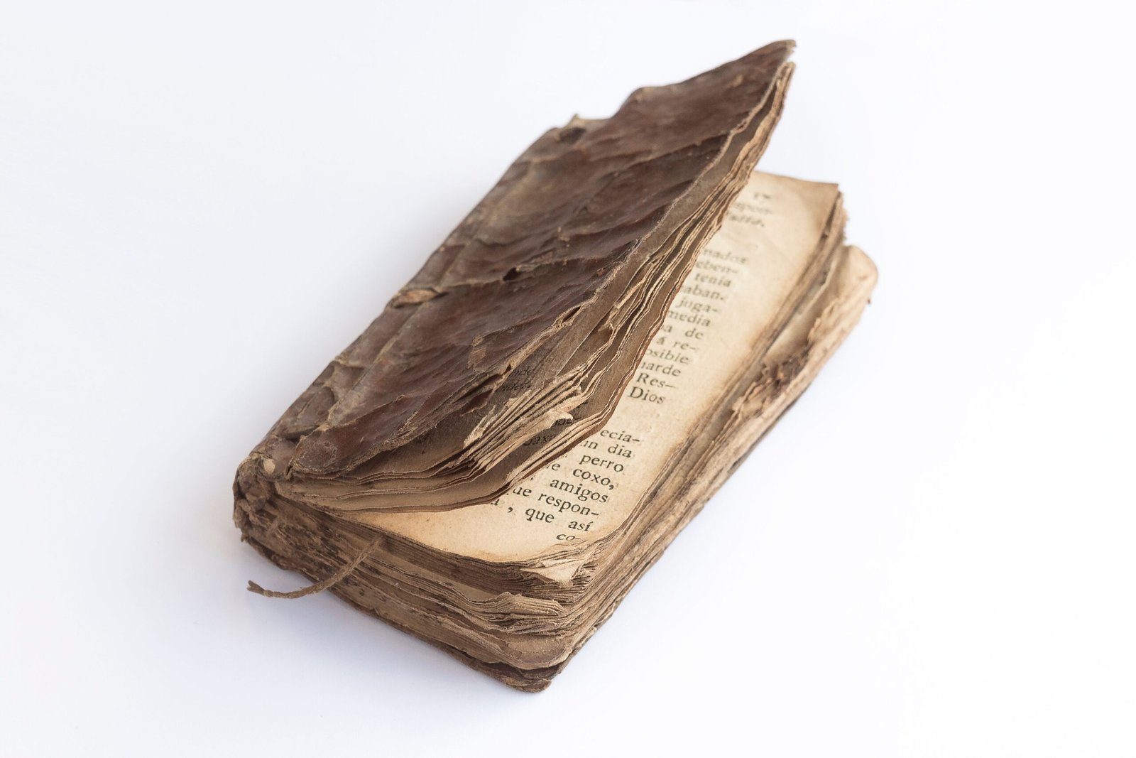 A close-up of an old, weathered book with tattered pages, showcasing its antique charm.