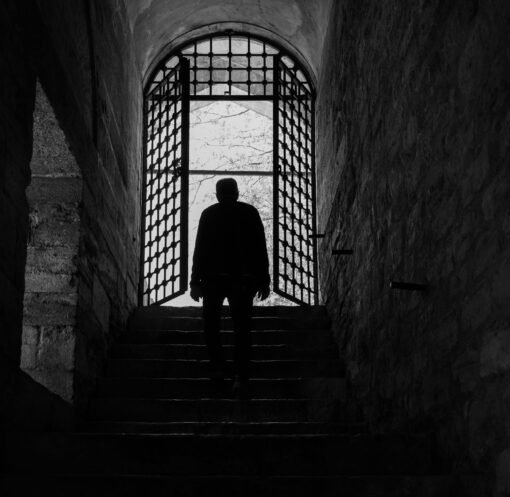 A solitary silhouette in an ancient stone corridor with a gated archway.