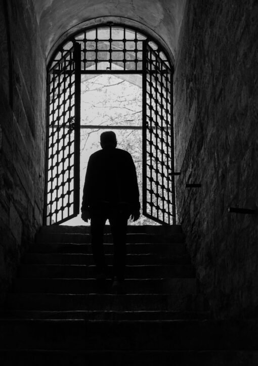 A solitary silhouette in an ancient stone corridor with a gated archway.