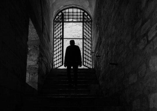 A solitary silhouette in an ancient stone corridor with a gated archway.