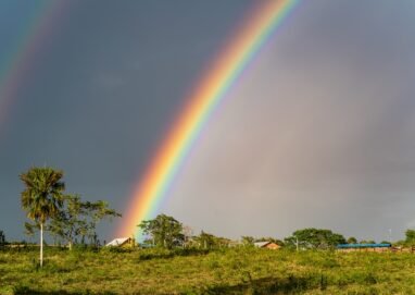 Stunning countryside scene with a vibrant rainbow over lush fields and trees, creating a picturesque rural view.