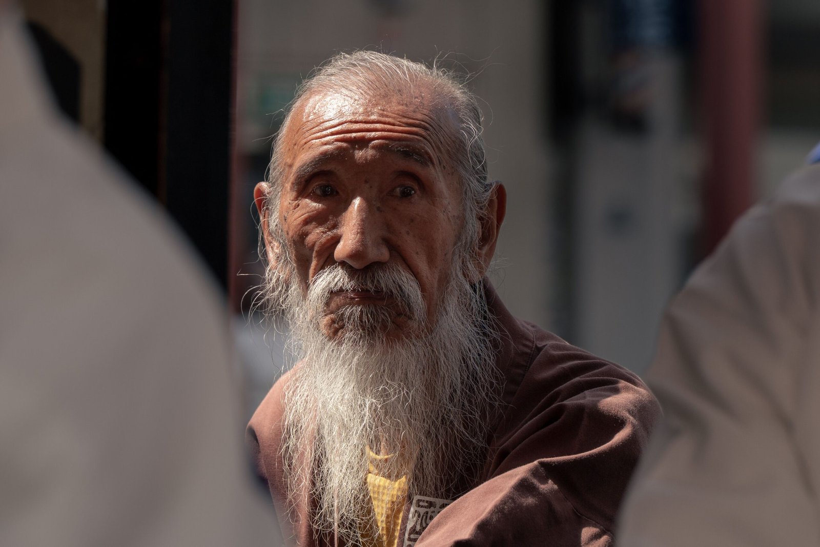 Close-up of a senior man with long beard in a Tokyo street, reflecting tradition and wisdom.